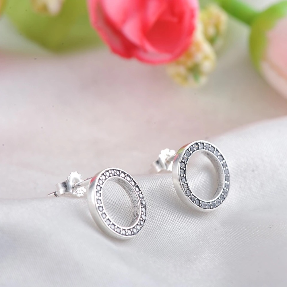 Silver Plated Circle Stud Earrings with CZ Stones - Picture 2 of 2